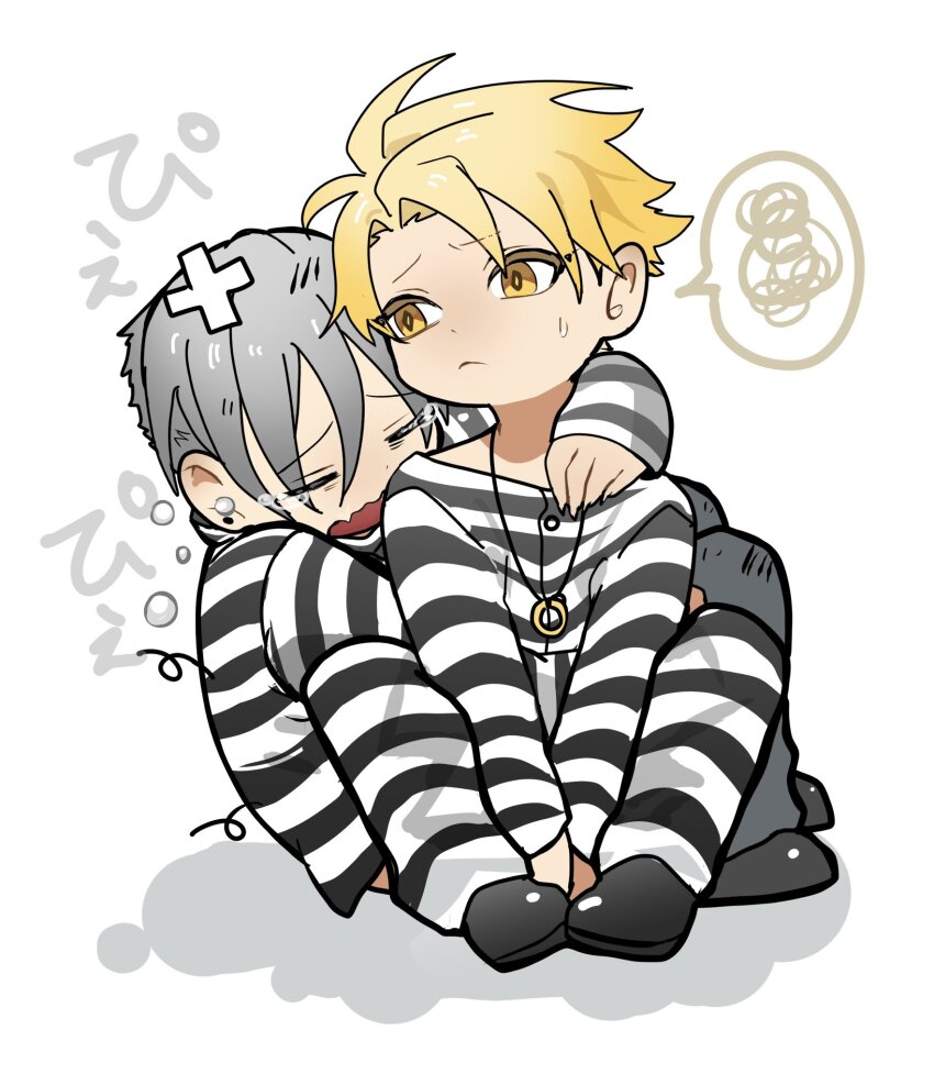 2boys, bakshi_christensen, black_footwear, black_shirt, blonde_hair, crying, full_body, giancarlo_bourbon_del_monte