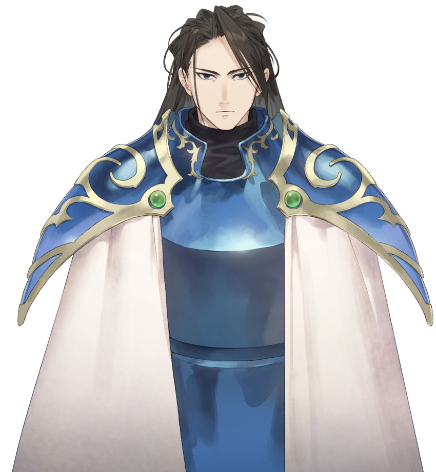 1boy, absurdres, armor, atelier_(series), atelier_marie, black_hair, blue_eyes, breastplate, closed_mouth, enderk_yard, expressionless, highres, long_hair, looking_at_viewer, male_focus, nelke_to_densetsu_no_renkinjutsushi_tachi, noco_(adamas), official_art, pauldrons, shoulder_armor, simple_background, solo, white_background