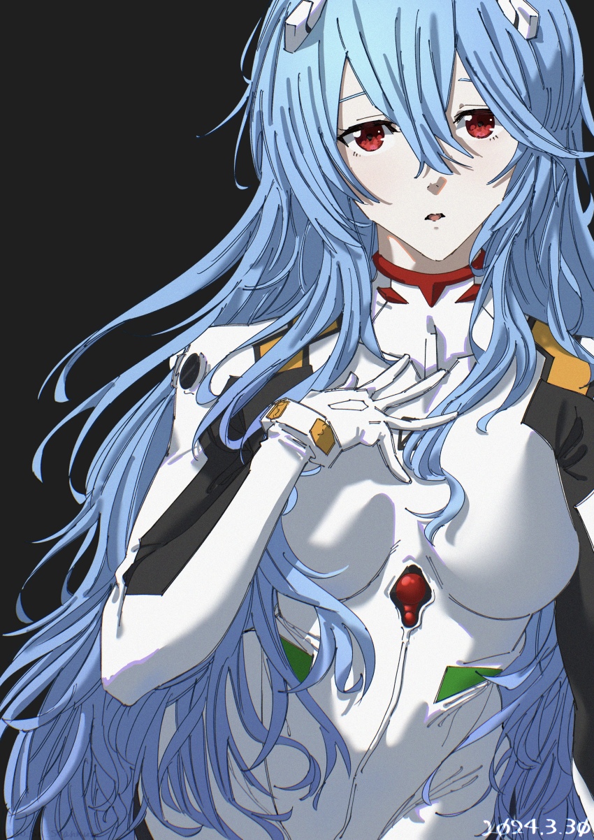 1girl, 50_sn_stannum, absurdres, alternate_hair_length_(longer), ayanami_rei, black_background, blue_hair, bodysuit, breasts, dated, evangelion:_3.0+1.0_thrice_upon_a_time, gloves, hair_between_eyes, hand_on_own_chest, highres, interface_headset_(evangelion), long_hair, looking_at_viewer, mecha_pilot_suit, medium_breasts, neon_genesis_evangelion, official_alternate_hairstyle, parted_lips, plugsuit_(evangelion), rebuild_of_evangelion, red_eyes, simple_background, solo, upper_body, very_long_hair, white_bodysuit