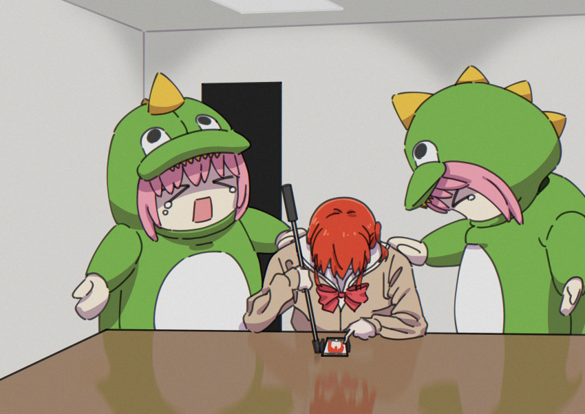 >_<, 3girls, 50_sn_stannum, blank_room_soup, bocchi_the_rock!, bow, bowtie, brown_cardigan