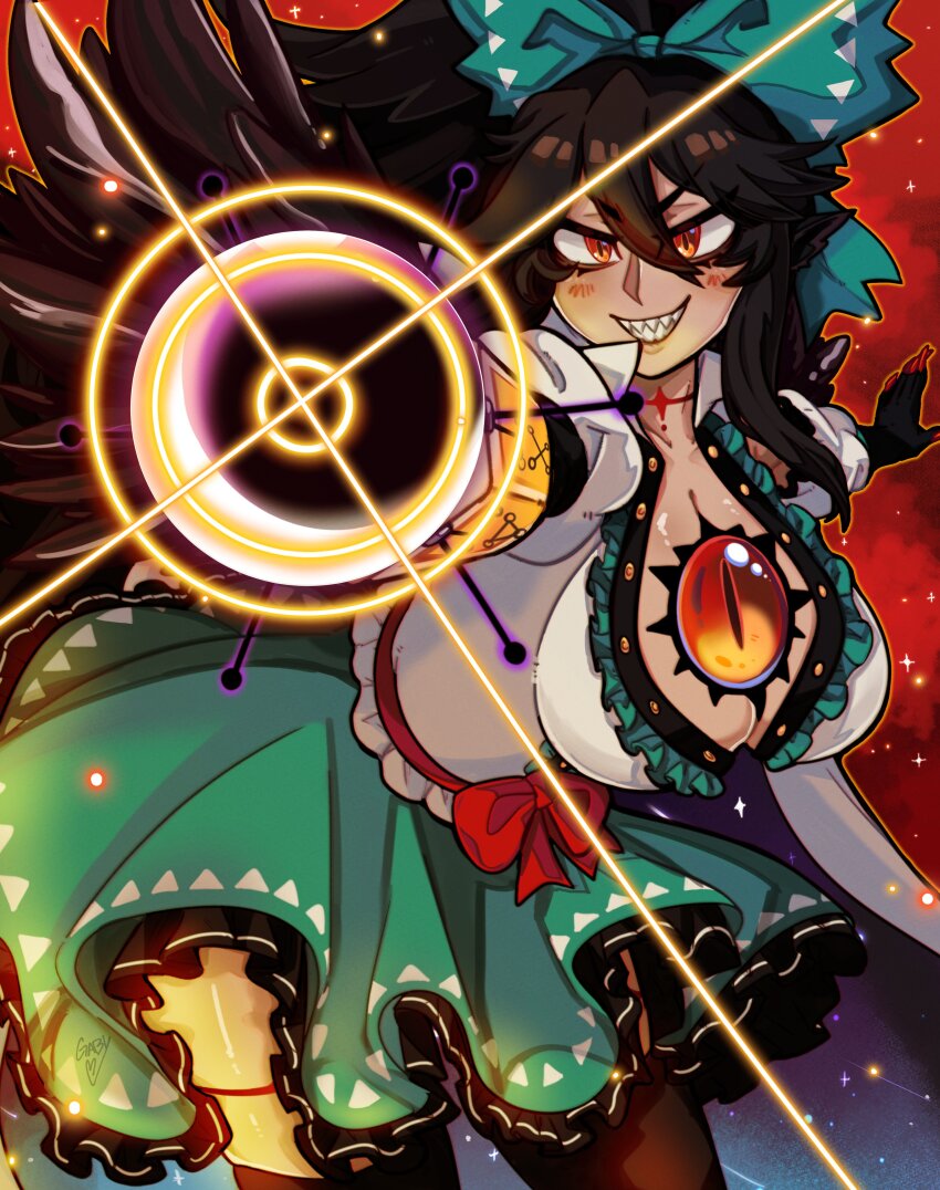 1girl, absurdres, aiming, aiming_at_viewer, arm_cannon, bird_wings, black_hair, black_skin