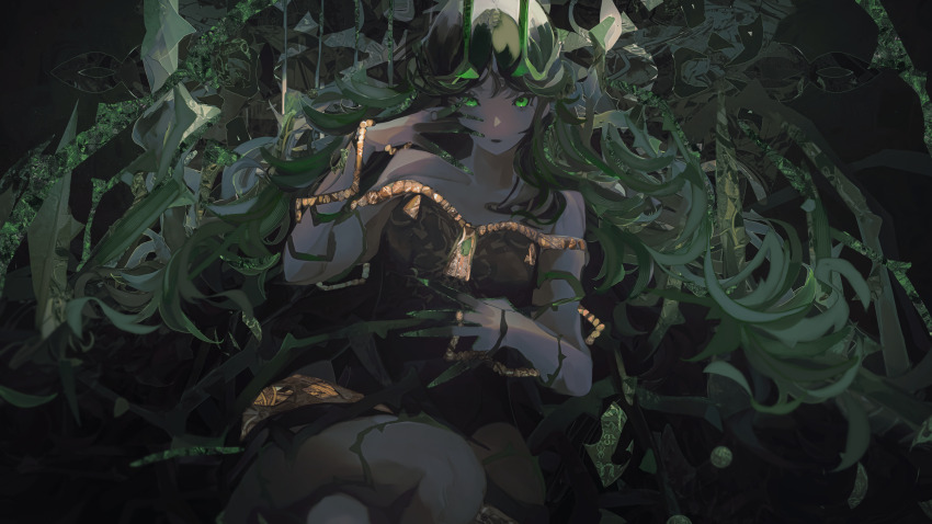 1girl, afk_(series), afk_journey, bare_shoulders, black_dress, black_lips, breasts, cecia_(afk), closed_mouth, colored_extremities, colored_tips, commentary_request, curly_hair, dress, eyelashes, fingernails, green_eyes, green_hair, highres, long_hair, looking_at_viewer, multicolored_hair, sharp_fingernails, sitting, solo, thorns, twok, very_long_hair