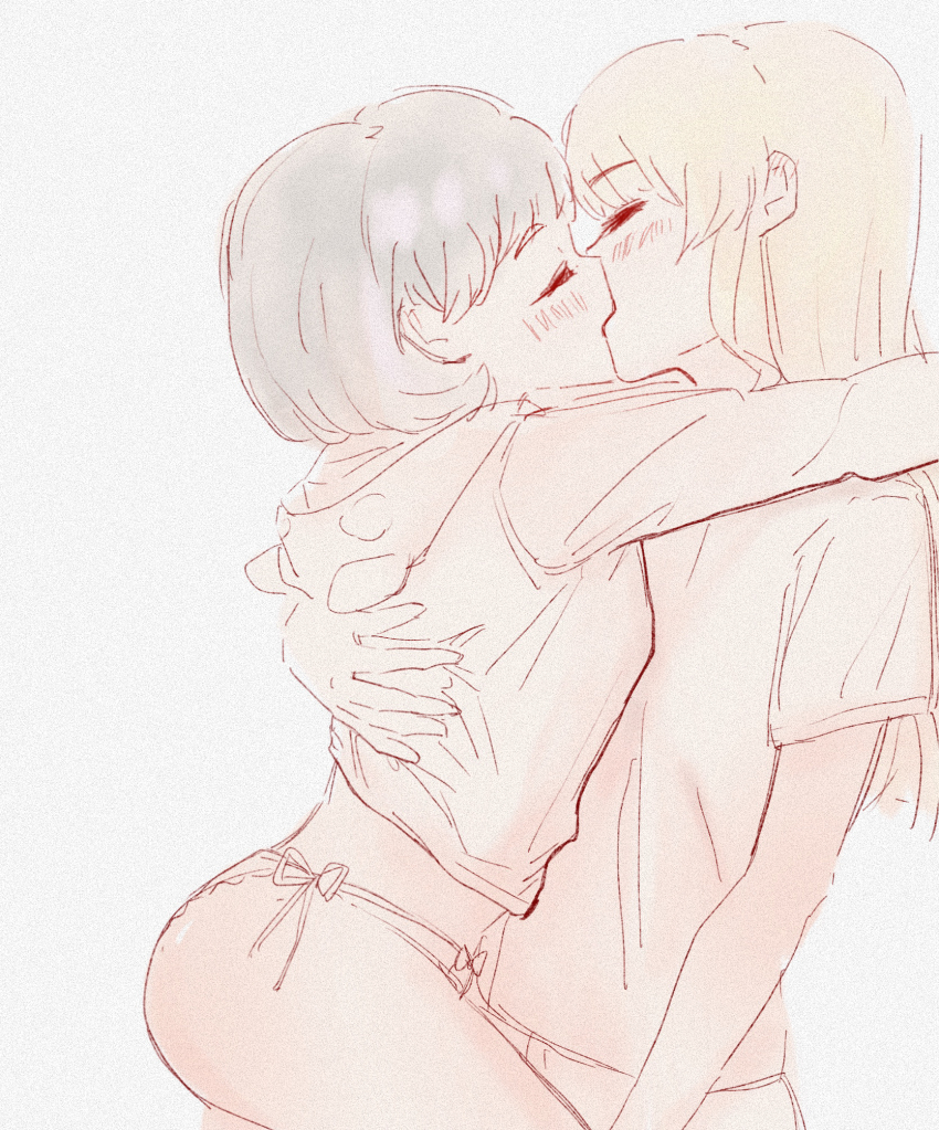 2girls, blonde_hair, blush, closed_eyes, commentary_request, ear_blush, film_grain, grey_background, grey_hair, heanna_sumire, highres, hood, hoodie, long_hair, long_sleeves, love_live!, love_live!_superstar!!, multiple_girls, panties, sangdingting, short_hair, short_sleeves, sitting, sitting_on_lap, sitting_on_person, tang_keke, underwear, yuri