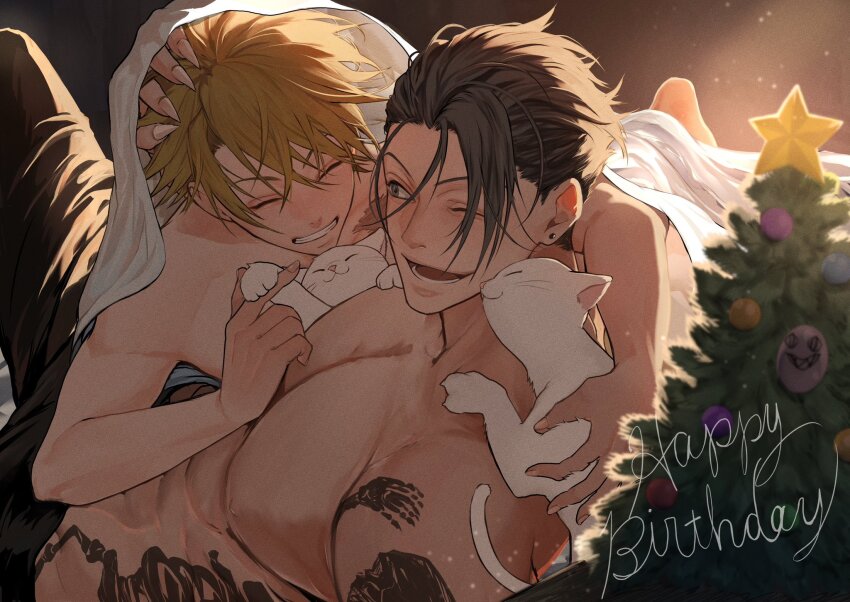 2boys, :3, animal, bakshi_christensen, barefoot, black_hair, black_pants, blonde_hair