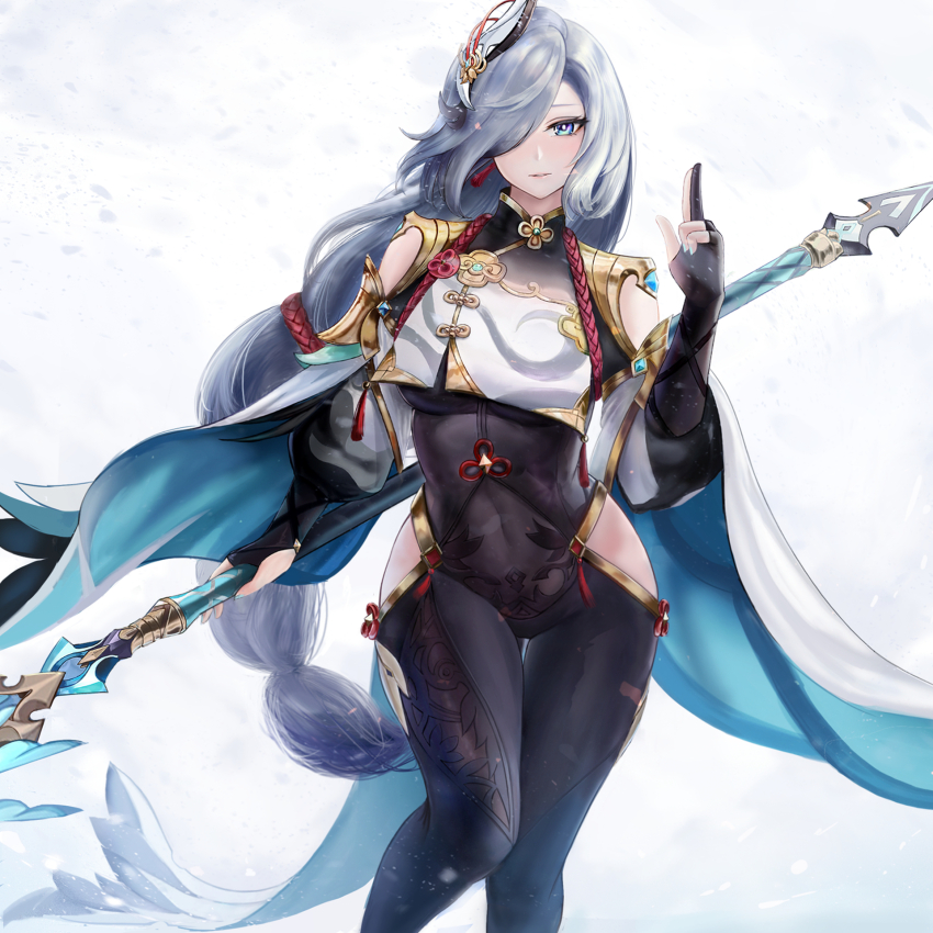 1girl, aqua_nails, arm_at_side, asymmetrical_bangs, black_bodysuit, black_gloves, bodysuit, braid