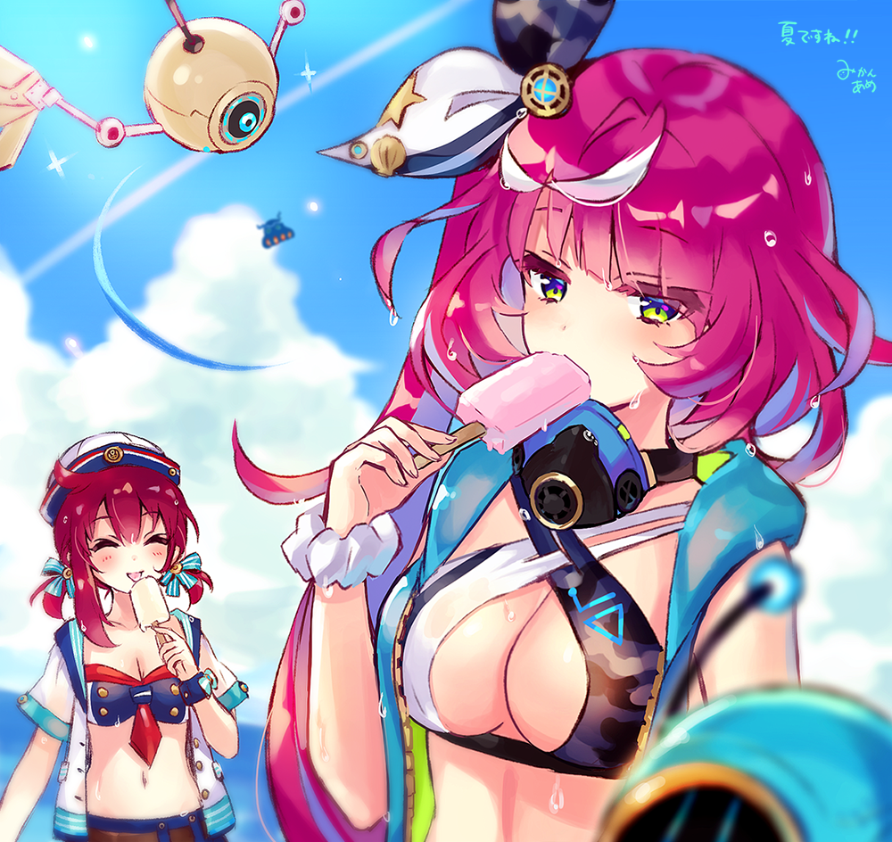 2girls, albea_(swimsuit)_(ta_ga_tame_no_alchemist), albea_(ta_ga_tame_no_alchemist), bertha_(ta_ga_tame_no_alchemist), blue_hair, blurry, closed_eyes, cloud