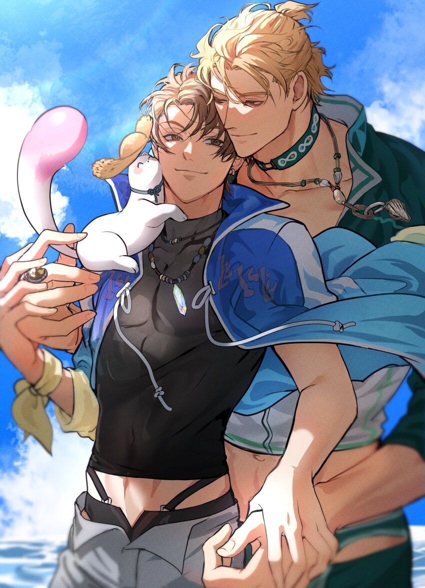 2boys, animal, black_shirt, blonde_hair, blue_jacket, blue_sky, brown_hair, brown_hat