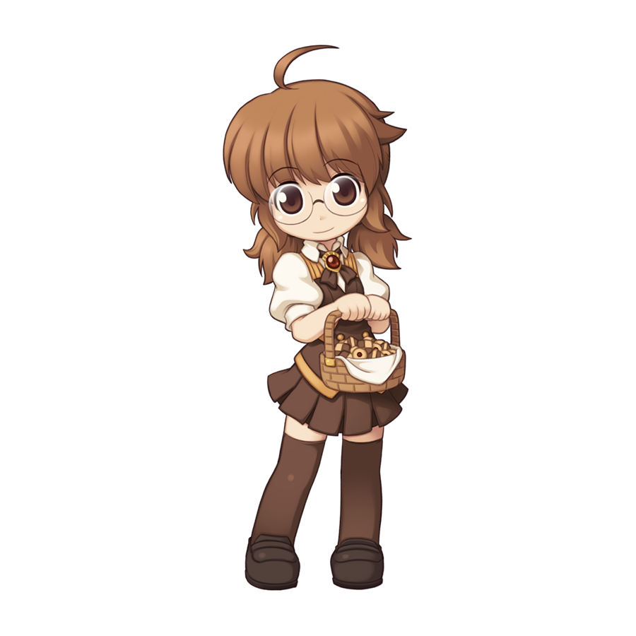 1girl, ahoge, basket, black_shoes, bow, bowtie, brooch, brown_bow, brown_bowtie, brown_eyes, brown_hair, brown_skirt, brown_thighhighs, brown_vest, checkerboard_cookie, chibi, chibi_only, closed_mouth, cookie, elly_(ragnarok_online), food, full_body, holding, holding_basket, jewelry, loafers, looking_at_viewer, low_twintails, medium_hair, miniskirt, official_art, pleated_skirt, puffy_short_sleeves, puffy_sleeves, ragnarok_online, shirt, shoes, short_sleeves, short_twintails, simple_background, skirt, smile, solo, thighhighs, thumbprint_cookie, transparent_background, twintails, vest, white_shirt, yuichirou