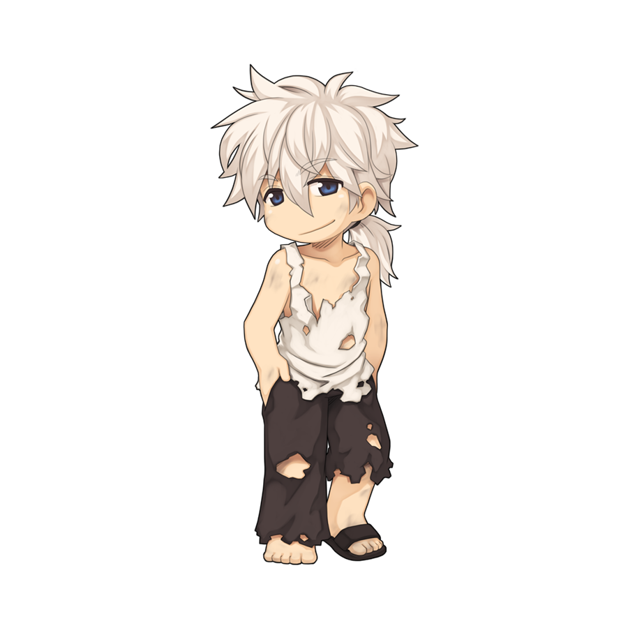 1boy, black_sandals, blue_eyes, chibi, chibi_only, closed_mouth, dirty, full_body, hair_between_eyes, hands_in_pockets, long_bangs, long_hair, looking_at_viewer, low_ponytail, maku_(ragnarok_online), male_focus, messy_hair, official_art, pants, ponytail, ragnarok_online, sandals, simple_background, single_sandal, smile, solo, standing, tank_top, torn_clothes, torn_pants, torn_tank_top, transparent_background, white_hair, white_tank_top, yuichirou