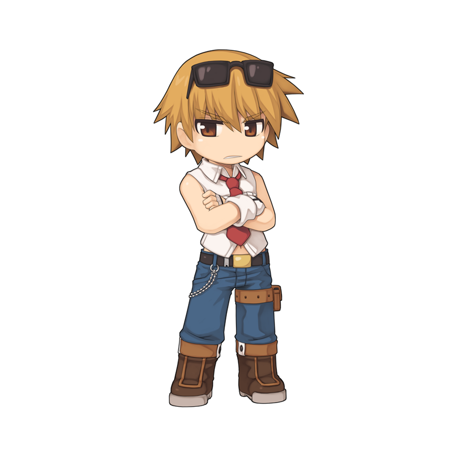 1boy, alexander_digotz, belt, wallet_chain, black_belt, blonde_hair, blue_pants, boots, brown_boots, brown_eyes, chibi, chibi_only, collared_shirt, crossed_arms, fingerless_gloves, full_body, gloves, hair_between_eyes, looking_at_viewer, male_focus, necktie, official_art, pants, ragnarok_online, red_necktie, shirt, short_hair, simple_background, sleeveless, sleeveless_shirt, solo, sunglasses, transparent_background, v-shaped_eyebrows, white_gloves, white_shirt, yuichirou