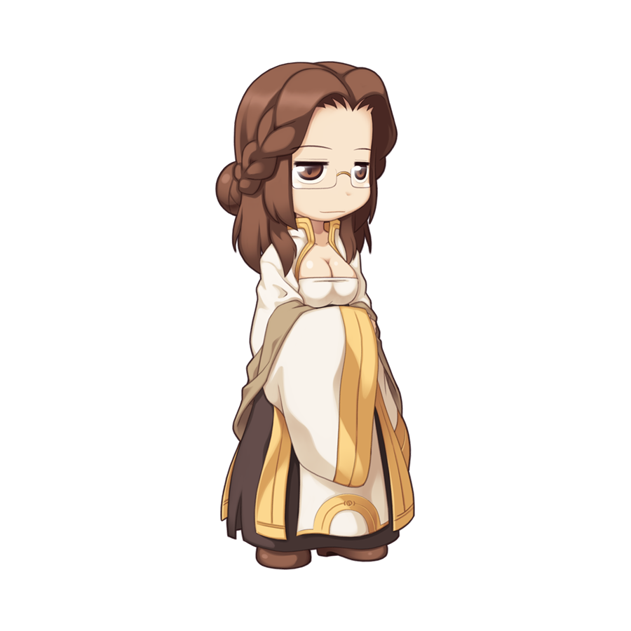 1girl, braid, breasts, brown_eyes, brown_hair, brown_skirt, chibi, chibi_only