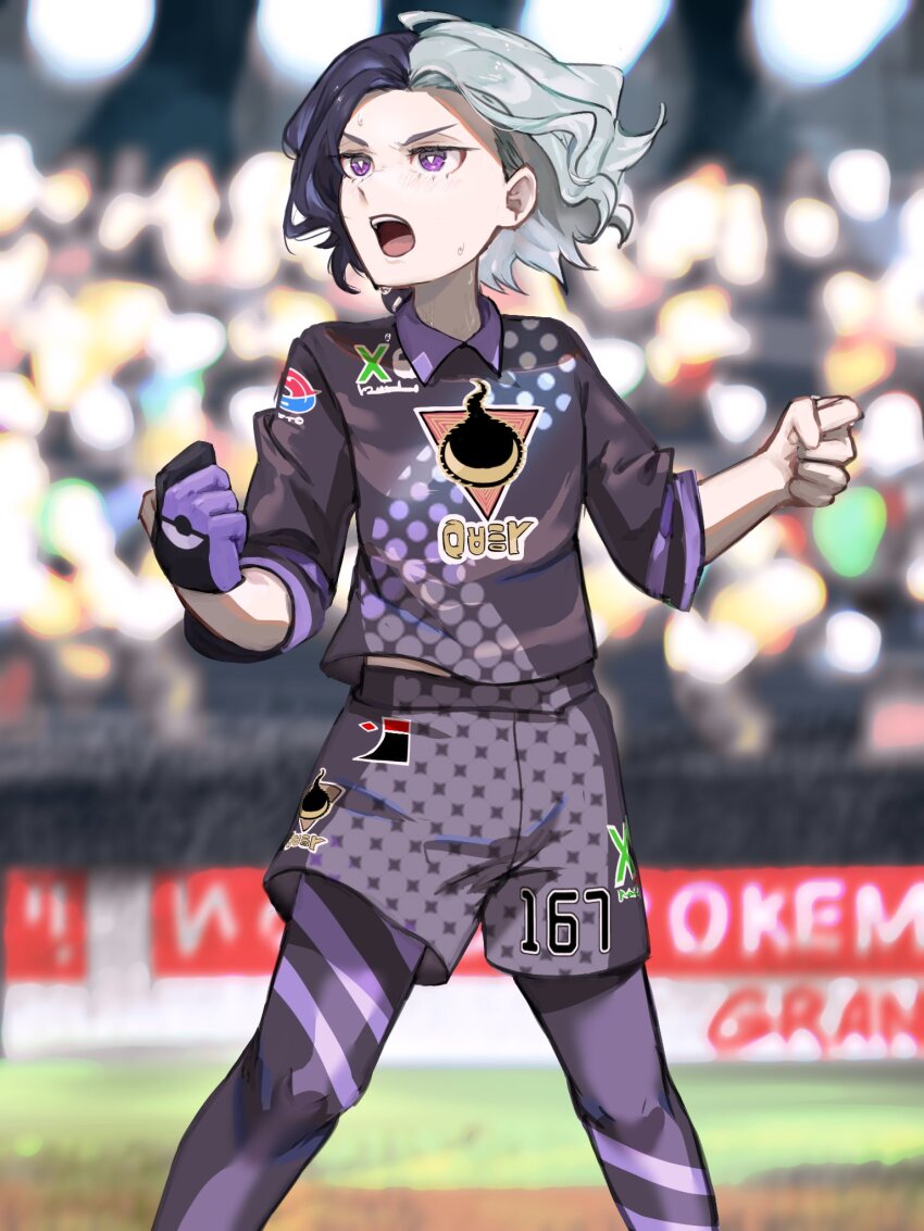 1boy, ahoge, allister_(pokemon), allister_(pokemon)_(cosplay), alternate_costume, amethio_(pokemon), audience, blurry