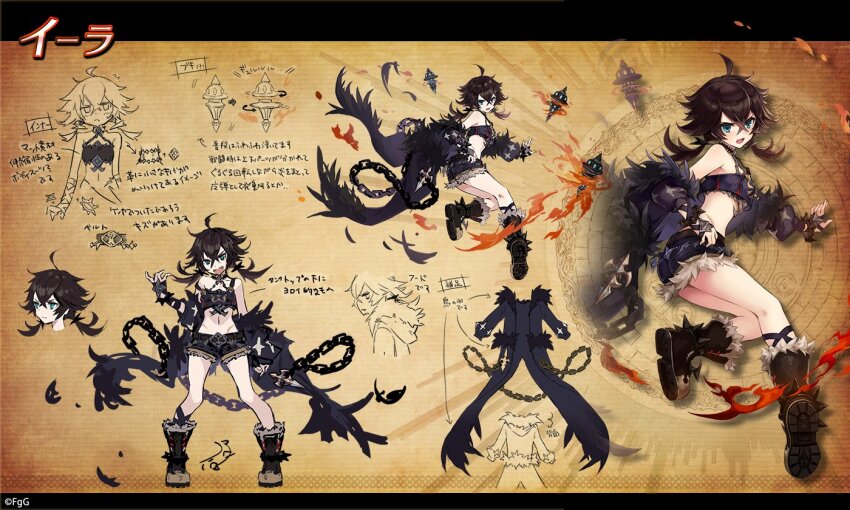 1girl, ahoge, aqua_eyes, black_jacket, boots, brown_background, brown_boots, brown_hair