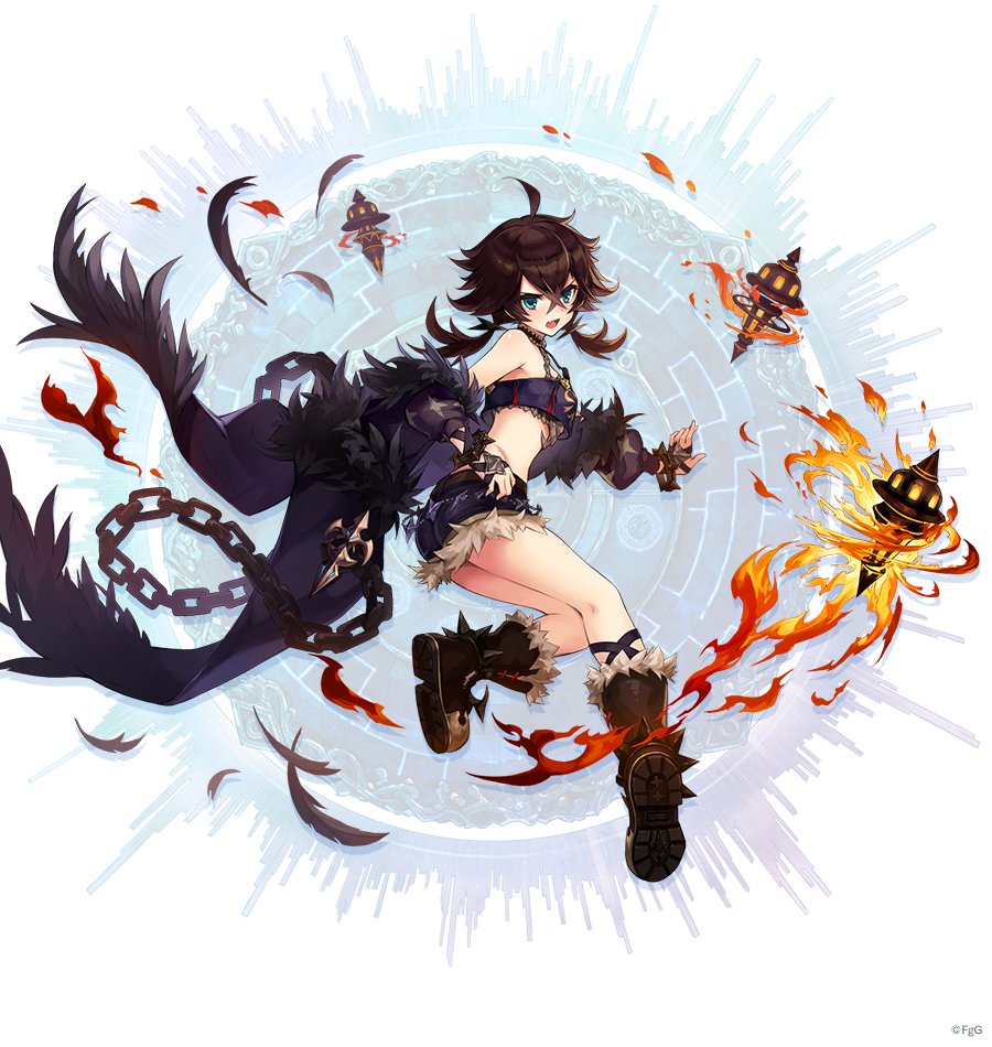 1girl, ahoge, aqua_eyes, boots, brown_boots, brown_hair, chain, crossed_bangs, fang, feathers, fire, from_side, full_body, hair_between_eyes, ila_(ta_ga_tame_no_alchemist), loli, looking_at_viewer, medium_hair, midriff, official_art, open_mouth, shorts, sidelocks, simple_background, solo, ta_ga_tame_no_alchemist, thighs, to_maru, twintails, white_background