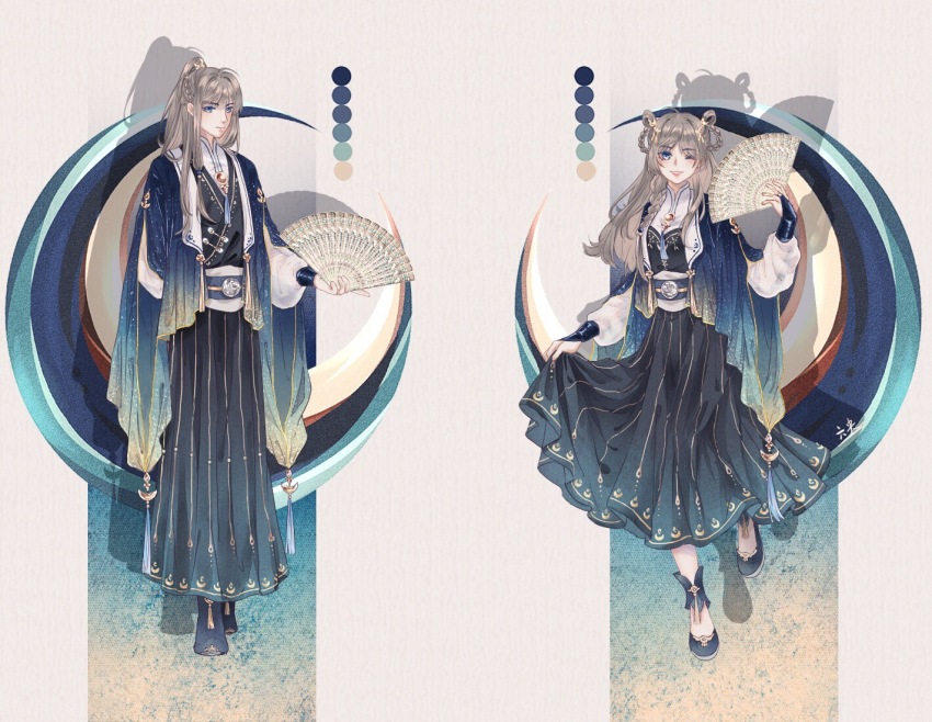 1boy, 1girl, alternate_costume, ankle_garter, aqua_background, arm_behind_back, black_bridal_gauntlets, black_dress