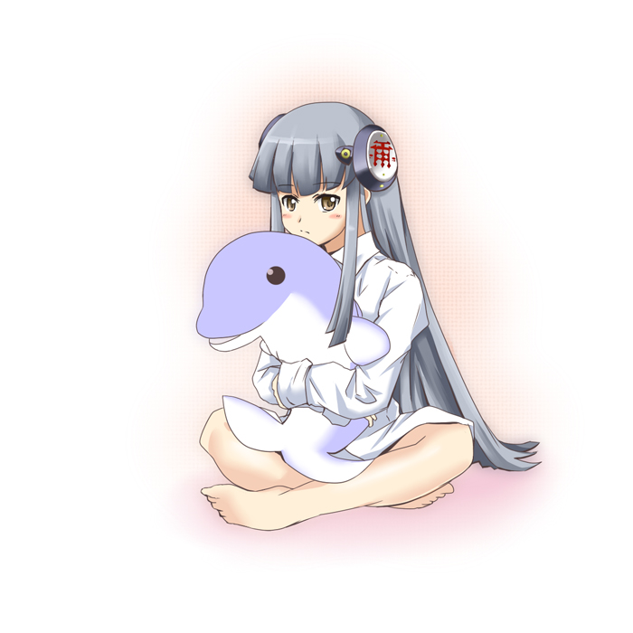 akane_(ar_tonelico), ar_tonelico, ar_tonelico_iii, bad_id, bad_pixiv_id, dolphin, dress_shirt, grey_hair, gust, hair_ornament, nodoka_(artist), shirt, sitting, solo, stuffed_animal, stuffed_toy, yellow_eyes