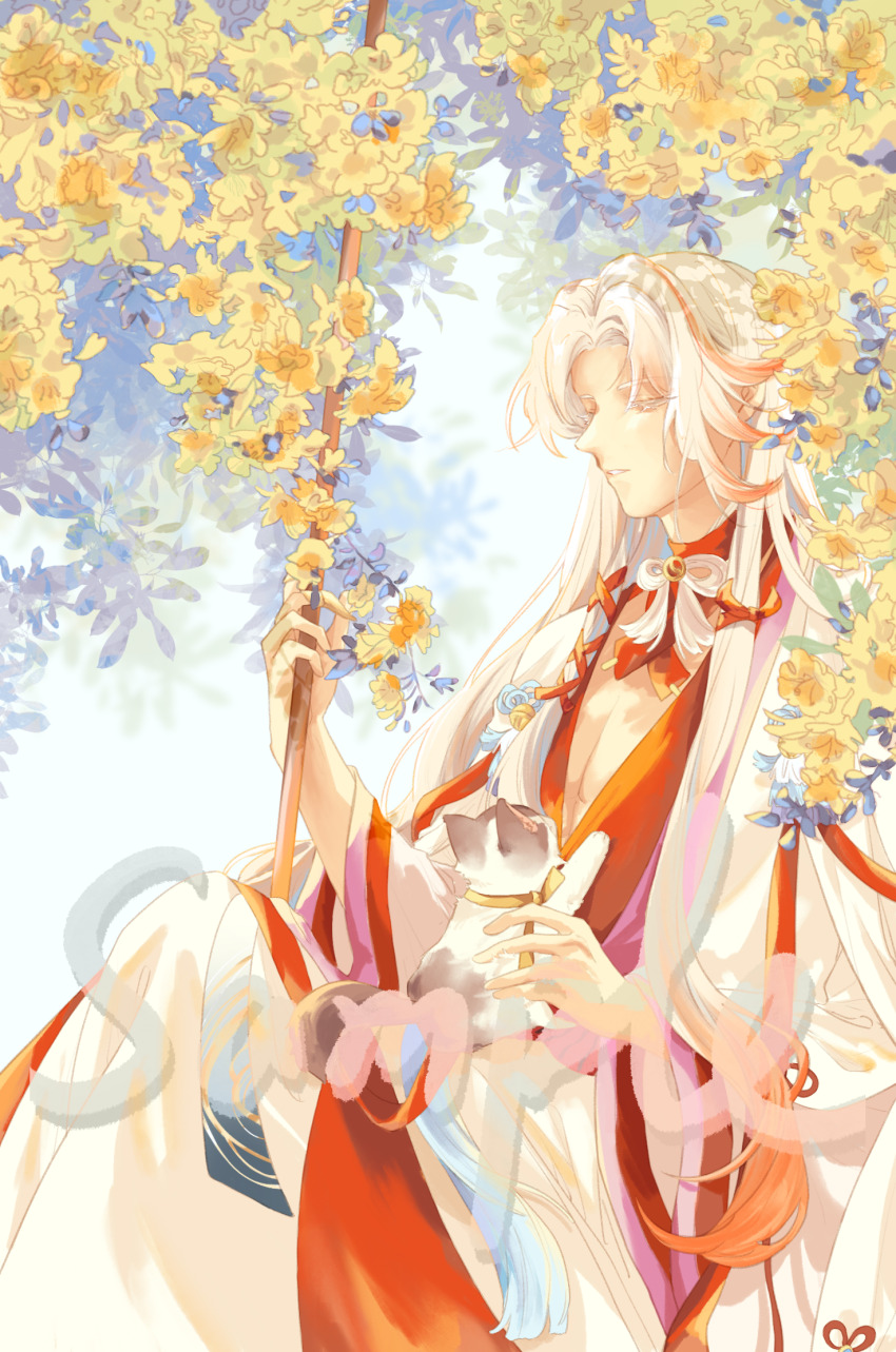 1boy, animal, animal_on_lap, bell, cat, chinese_clothes, choker, closed_eyes