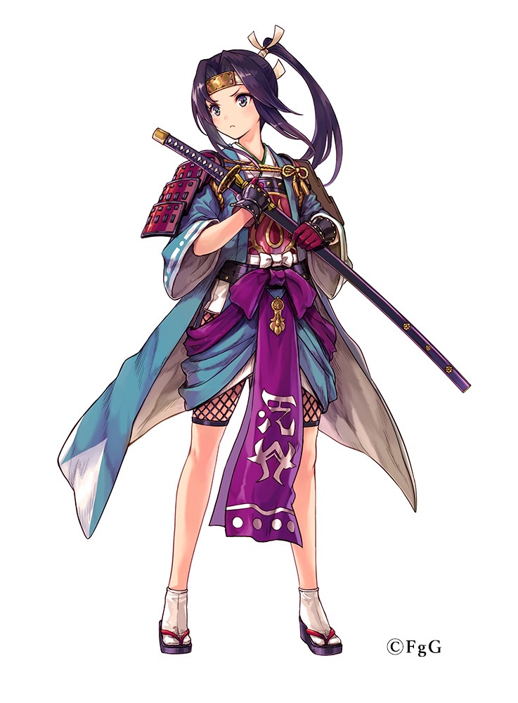 1girl, amane_(ta_ga_tame_no_alchemist), aqua_kimono, armor, closed_mouth, forehead_protector, full_body, gloves, hair_ribbon, holding, holding_sword, holding_weapon, japanese_armor, japanese_clothes, katana, kimono, official_art, parted_bangs, ponytail, purple_eyes, purple_gloves, purple_hair, purple_sandals, red_gloves, ribbon, rinzo, sandals, sheath, shoulder_armor, sidelocks, simple_background, socks, solo, standing, straight-on, sword, ta_ga_tame_no_alchemist, weapon, white_background, white_ribbon, white_socks, zouri