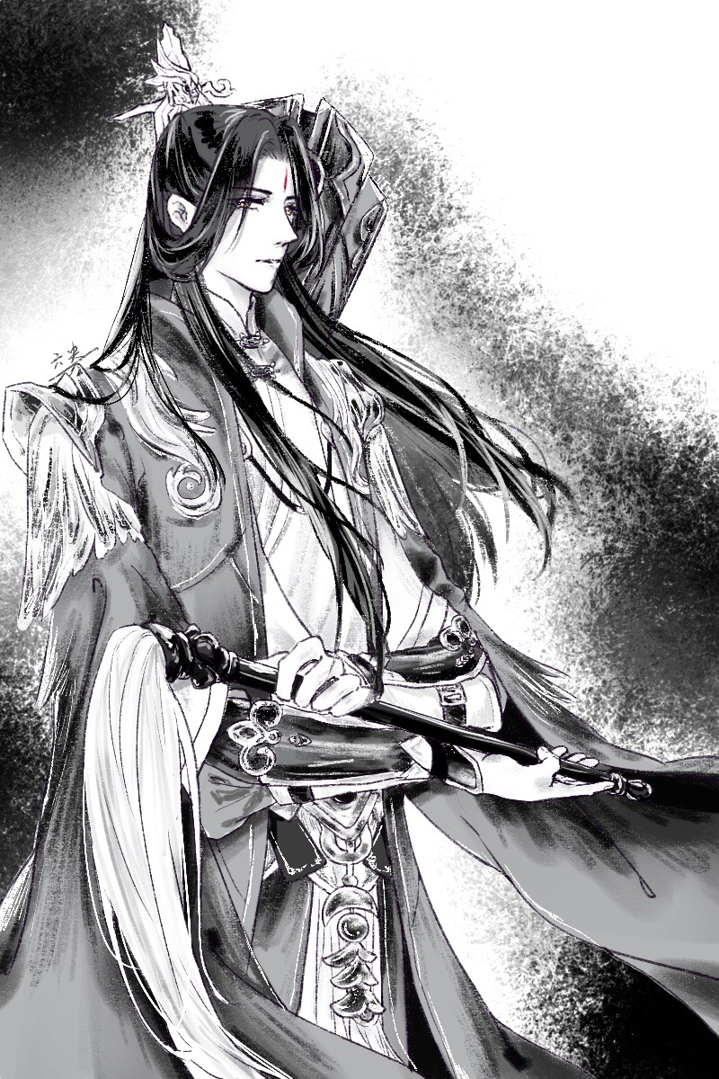 1boy, arm_guards, chinese_clothes, chinese_commentary, coat, cowboy_shot, curtained_hair, facial_mark