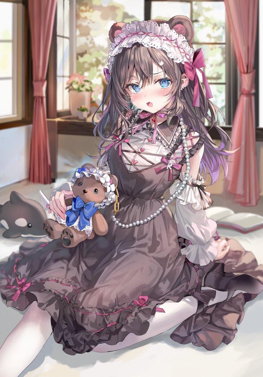 1girl, animal_ears, aru_(momoko), bear_ears, black_dress, black_hair, black_shoes, blue_hair