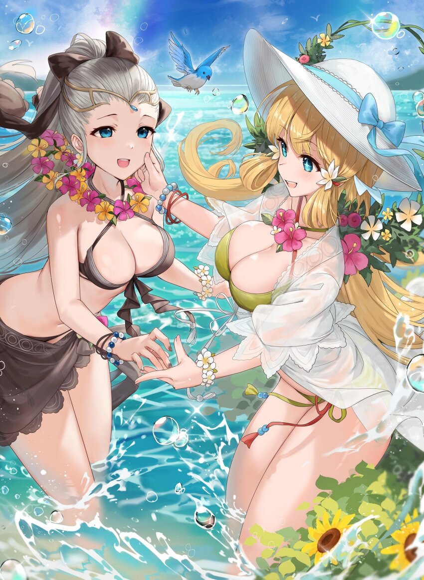 2girls, beach, bikini, bikini_skirt, bird, black_bikini, blonde_hair, blue_bird