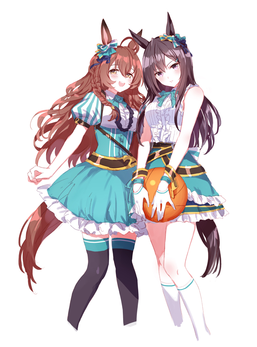 2girls, ahoge, animal_ears, ball, basketball_(object), black_hair, blush, braid, breasts, brown_eyes, brown_hair, collarbone, hair_ornament, horse_ears, horse_girl, horse_tail, looking_at_viewer, medium_breasts, mejiro_bright_(umamusume), mejiro_dober_(umamusume), multiple_girls, purple_eyes, romi_(346_ura), side_braid, tail, thighhighs, umamusume, umamusume:_party_dash, white_background