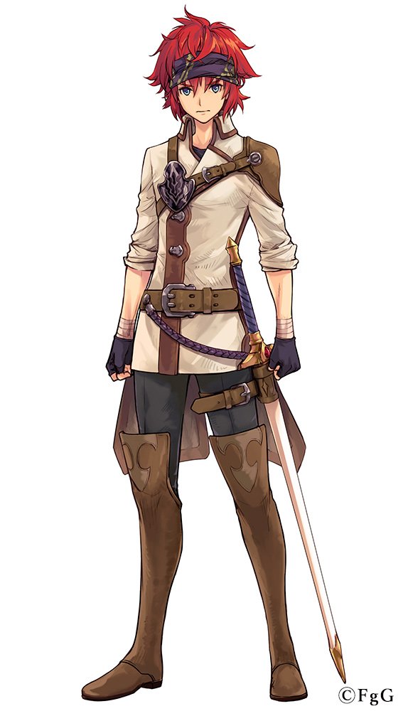 1boy, armor, belt, black_gloves, black_pants, blue_eyes, brown_belt, brown_footwear, closed_mouth, ta_ga_tame_no_alchemist, expressionless, fingerless_gloves, full_body, gloves, hair_between_eyes, logi_crowley, long_sleeves, official_alternate_costume, official_art, pants, red_hair, rinzo, sheath, sheathed, short_hair, shoulder_armor, simple_background, sleeves_rolled_up, solo, standing, straight-on, sword, weapon, white_background