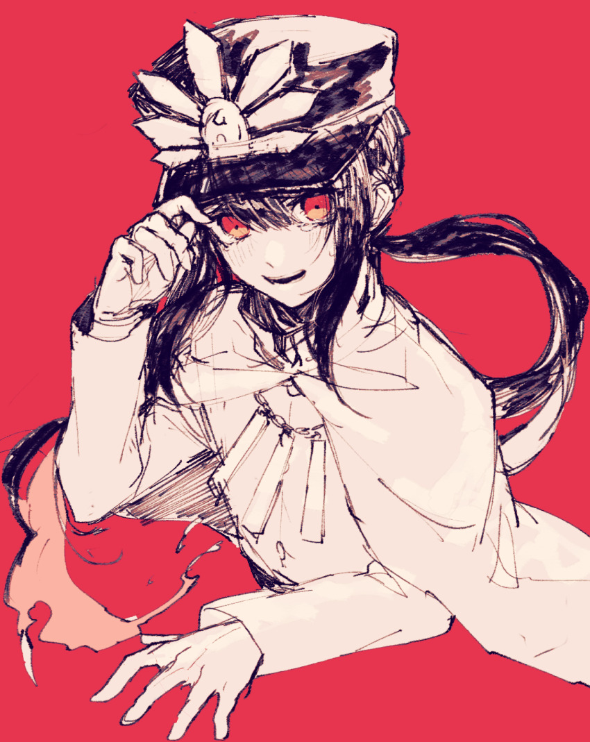 1boy, adjusting_clothes, adjusting_headwear, black_hair, black_hat, blunt_bangs, cape, cropped_torso