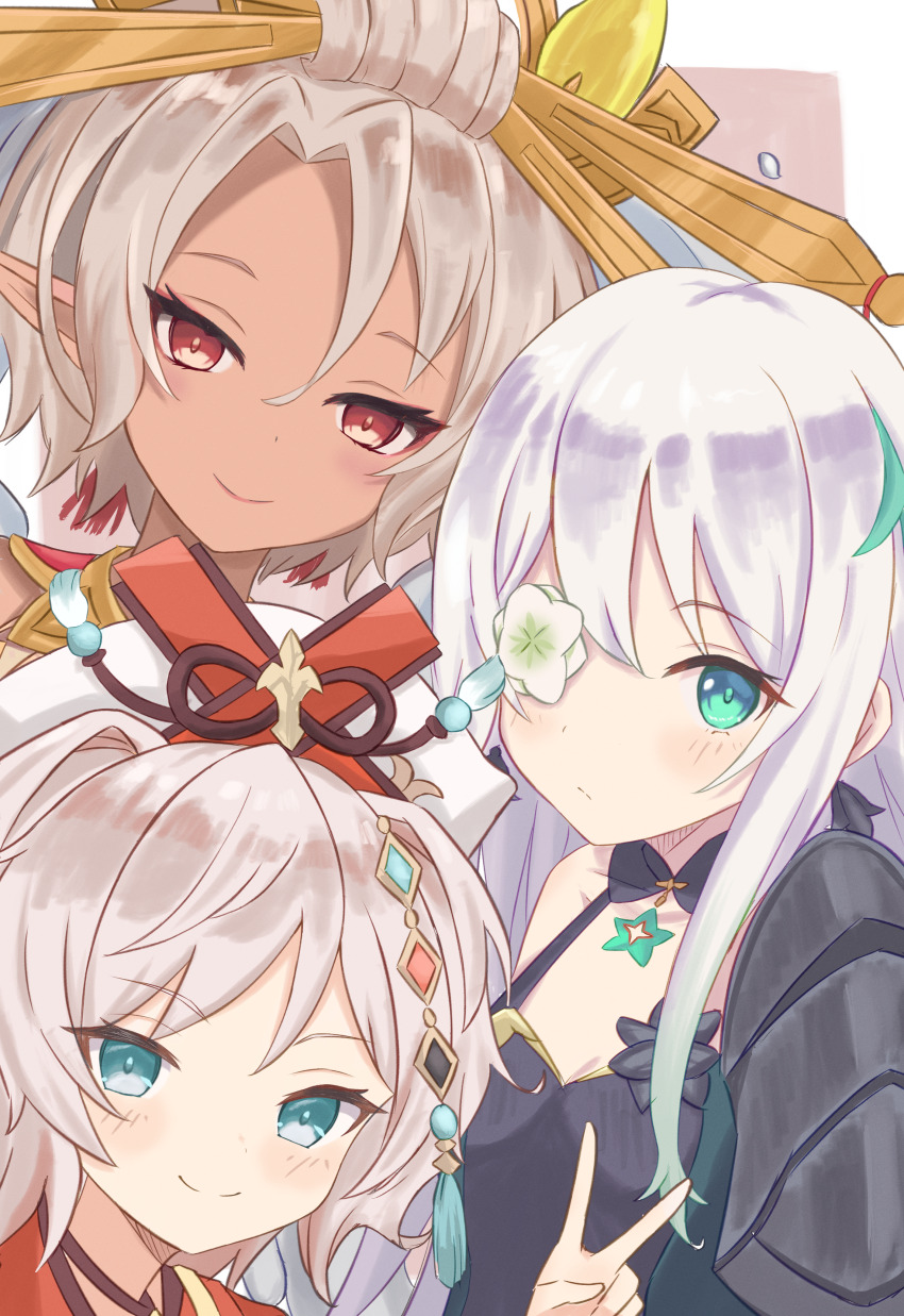 1717inamin, 3girls, absurdres, anemone_(flower), anemone_(princess_connect!), armor, flower, flower_eyepatch
