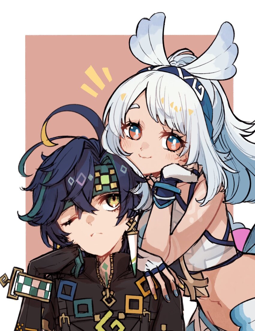 1boy, 1girl, black_gloves, black_hair, closed_mouth, fingerless_gloves, fingernails, genshin_impact