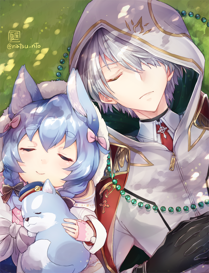 1boy, 1girl, animal, animal_ears, beads, black_gloves, braid, cape, fur-trimmed_hood, fur_trim, gloves, grass, hair_over_one_eye, hood, judah_(shironeko_project), koyomi_(shironeko_project), natsu_(728), on_ground, shironeko_project, sleeping, tail, twin_braids, white_hair, wolf, wolf_ears, wolf_girl, wolf_tail, zipper