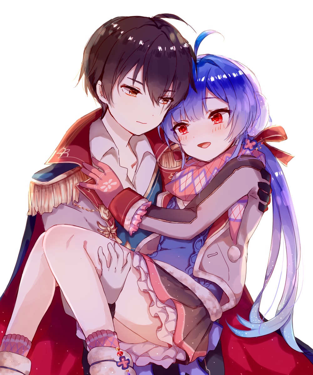 1boy, 1girl, ahoge, black_hair, blue_hair, cape, carrying, chakuma_academy_school_uniform