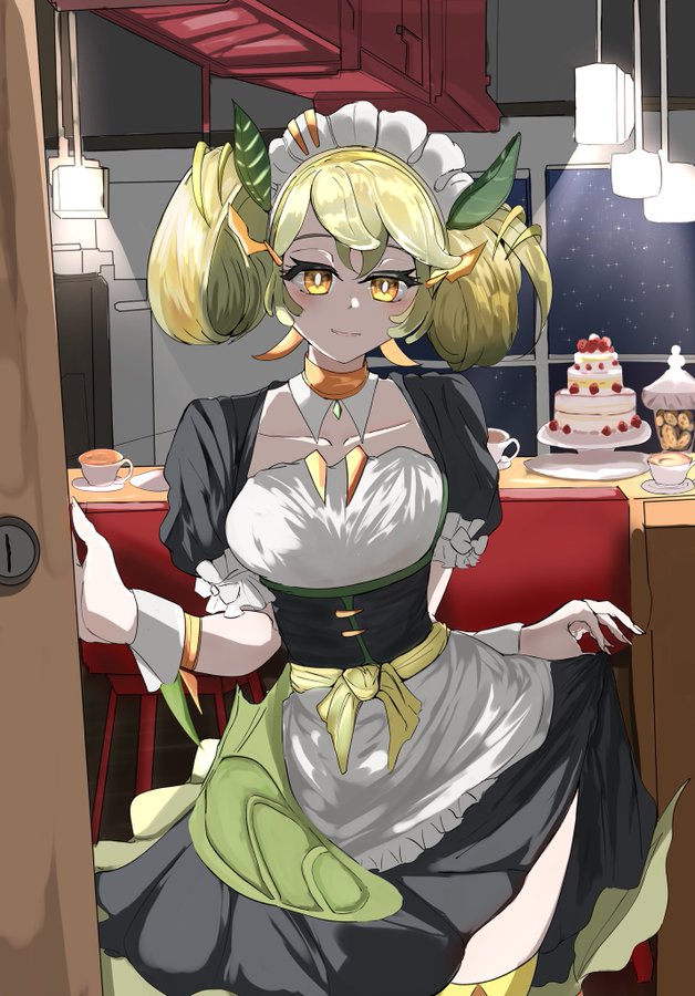 1girl, black_dress, cake, coffee, door, dragon_girl, dragon_tail, dress, duel_monster, food, green_hair, indoors, kitchen, looking_at_viewer, maid, maid_headdress, night, parlor_dragonmaid, smile, solo, tail, twintails, uragawai, yellow_eyes, yu-gi-oh!
