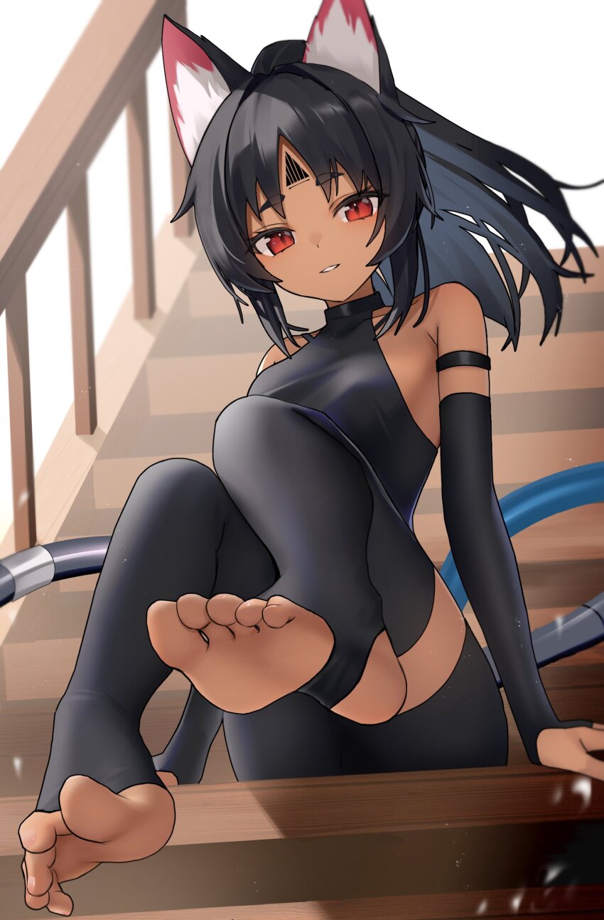 1girl, absurdres, animal_ears, bare_shoulders, black_hair, cat_ears, feet, forehead_tattoo