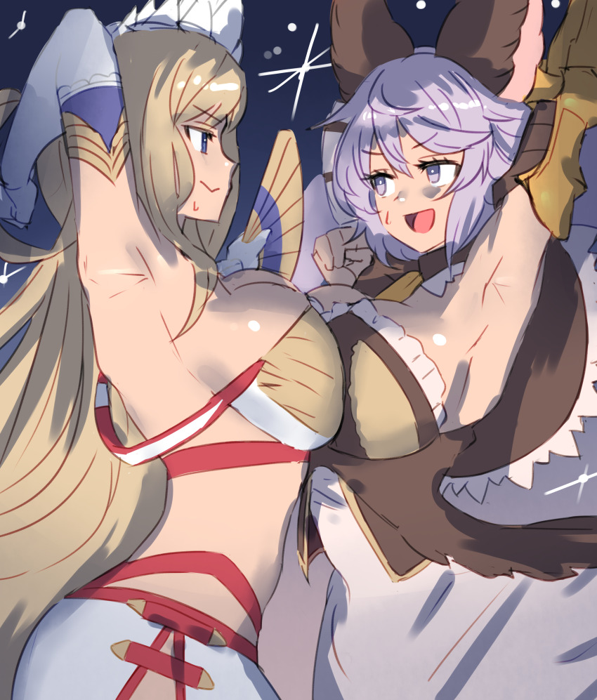 2girls, absurdres, animal_ears, armpits, asymmetrical_docking, bandeau, black_capelet, blonde_hair