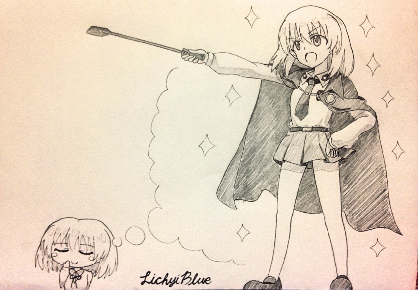 1girl, absurdres, alternate_costume, anchovy_(girls_und_panzer), anchovy_(girls_und_panzer)_(cosplay), anzio_school_uniform, bellwall_school_uniform, black_cape