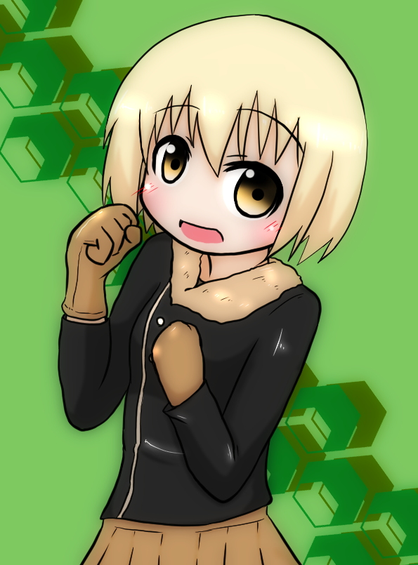 1girl, bellwall_military_uniform, black_jacket, blonde_hair, blush, brown_gloves, brown_hair, brown_skirt