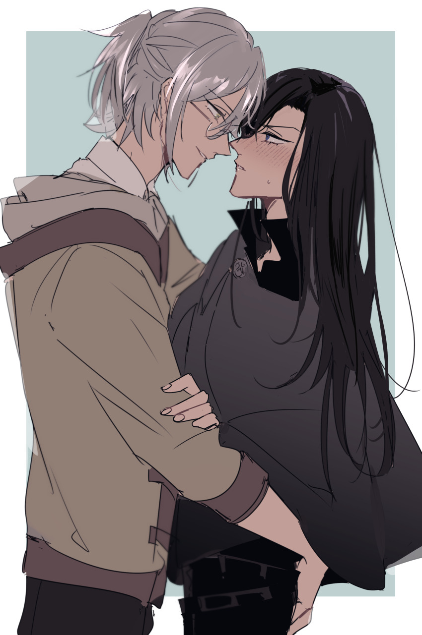 2boys, absurdres, black_eyes, black_hair, black_pants, blush, eye_contact, glasses, grey_eyes, hand_on_another's_ass, highres, long_hair, looking_at_another, multiple_boys, pants, robe, serfence_edward, simple_background, tsue_to_tsurugi_no_wistoria, workner_norgram, yaoi, zakura_monpe