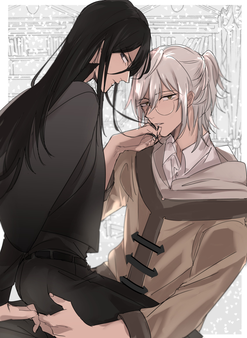 2boys, absurdres, black_eyes, black_hair, black_shirt, glasses, grabbing_another's_hair, highres