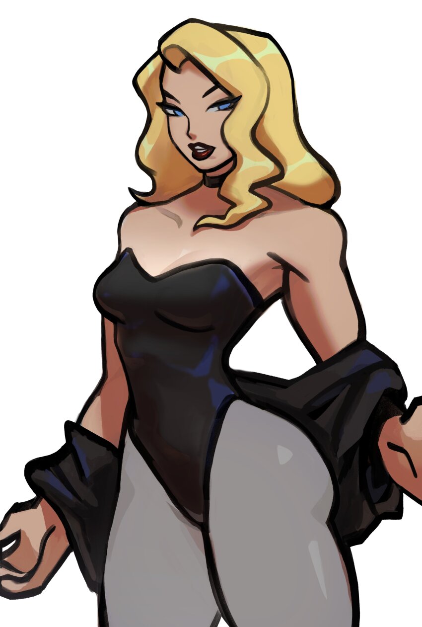 1girl, absurdres, black_canary, black_leotard, blonde_hair, blue_eyes, breasts, cropped_jacket