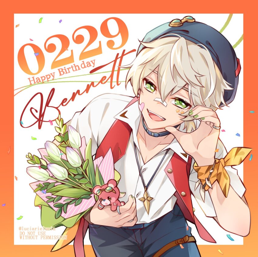 1boy, :d, arm_scarf, artist_name, bandaid, bandaid_on_face, bandaid_on_nose, bennett_(genshin_impact)