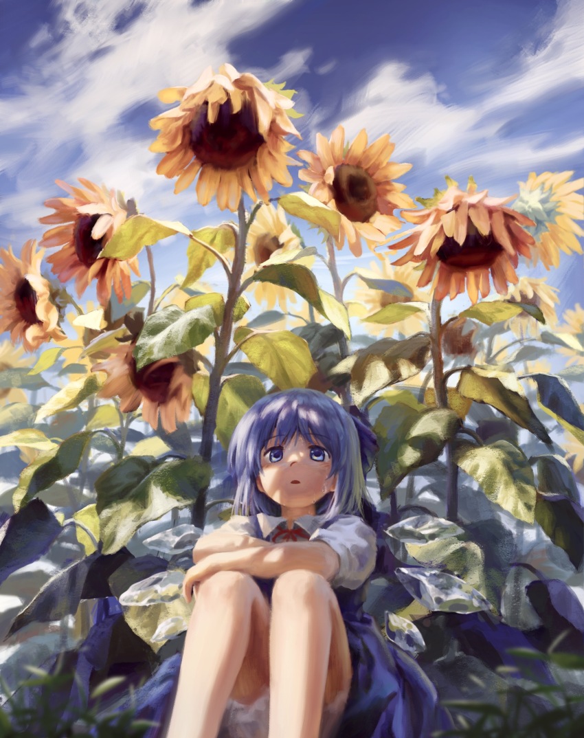 1girl, absurdres, arm_on_knee, bloomers, blue_bow, blue_dress, blue_eyes, blue_hair