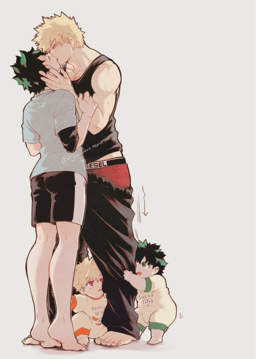 4boys, bakugou_katsuki, barefoot, blonde_hair, boku_no_hero_academia, closed_eyes, clothes_pull, freckles