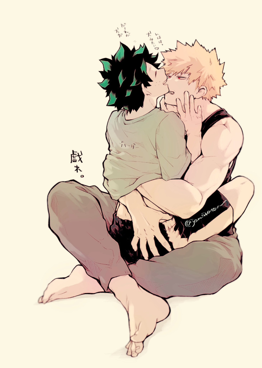 2boys, bakugou_katsuki, barefoot, blonde_hair, boku_no_hero_academia, freckles, green_hair, hand_under_clothes