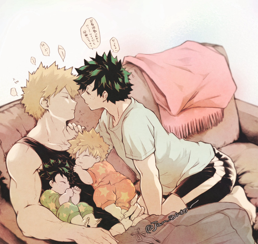 4boys, baby, bakugou_katsuki, blonde_hair, boku_no_hero_academia, closed_eyes, couch, green_eyes