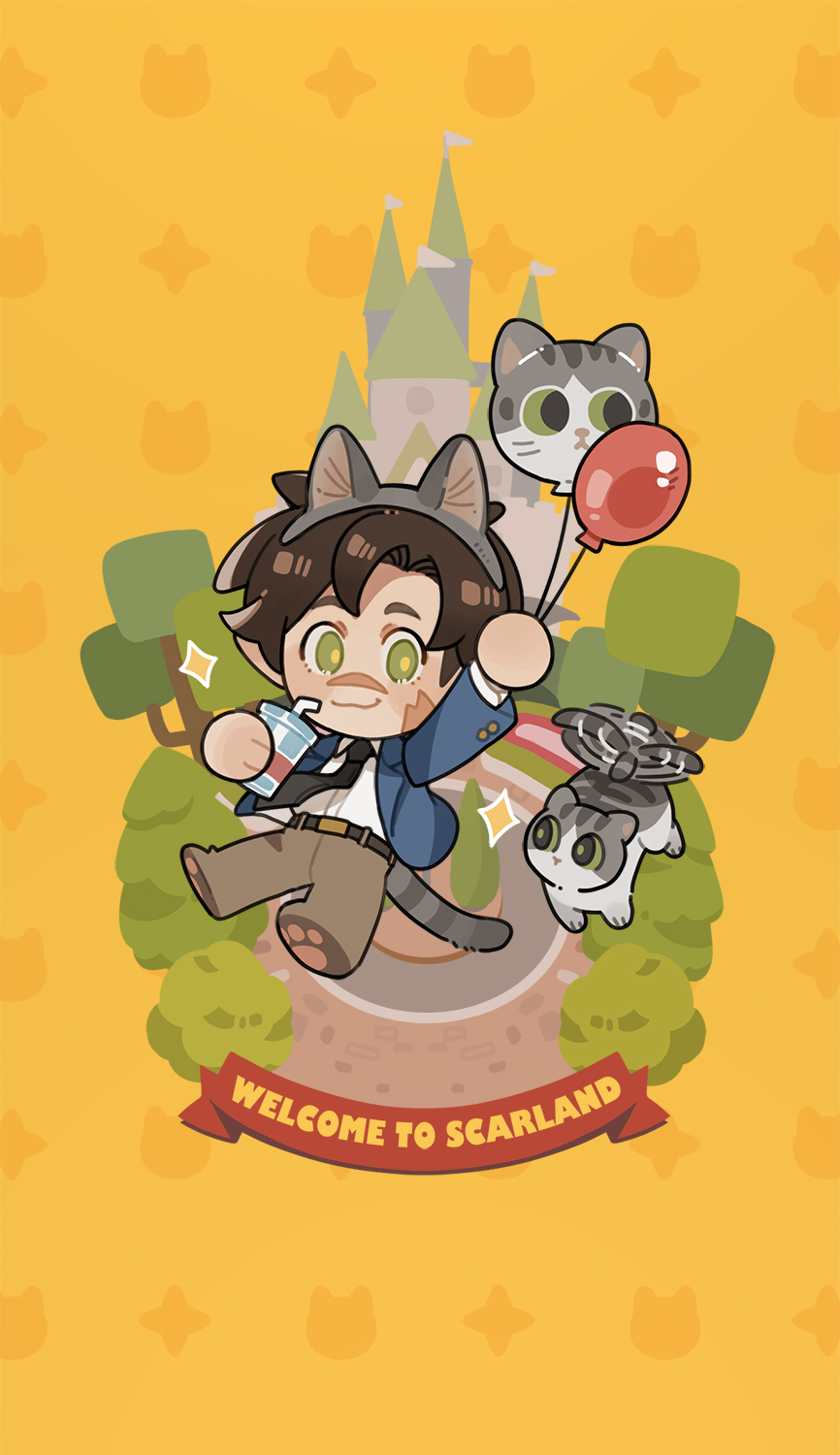 1boy, animal, animal_ears, balloon, brown_hair, castle, cat, cat_ears