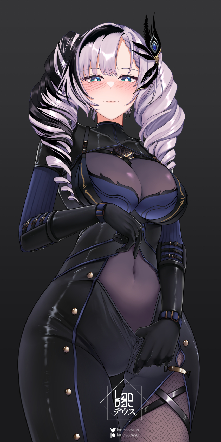 1girl, absurdres, black_boots, black_gloves, black_hair, boots, braid, breasts, cape, cleavage, fishnet_pantyhose, fishnets, gloves, green_eyes, hair_ornament, highres, hololive, hololive_indonesia, landacdeus, large_breasts, long_hair, looking_at_viewer, multicolored_hair, navel, official_alternate_costume, pantyhose, pavolia_reine, pavolia_reine_(5th_costume), ribbon, skin_tight, smile, solo, twintails, two-tone_hair, virtual_youtuber, white_hair