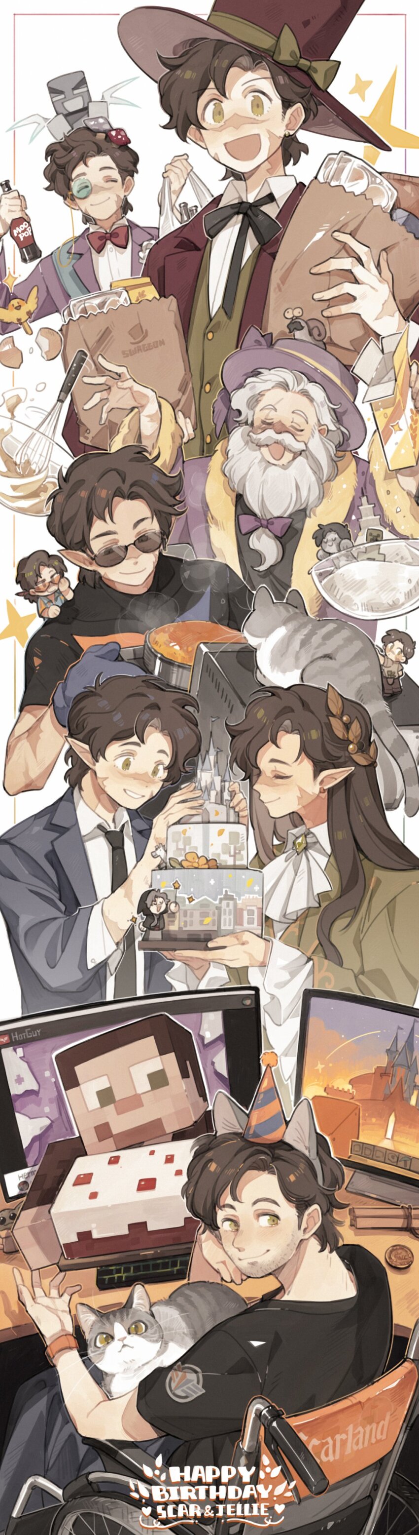 6+boys, absurdres, animal, animal_ears, annotation_request, beard, birthday, bowl, cake, cake_(minecraft), cameo, cat, cat_ears, chibi, coin, commentary, computer, cooking, creeper, elf, english_commentary, facial_hair, fake_animal_ears, food, formal_clothes, goodtimeswithscar, goodtimeswithscar_(elvish), goodtimeswithscar_(hotguy), goodtimeswithscar_(mayor), goodtimeswithscar_(scarland), goodtimeswithscar_(tycoon), goodtimeswithscar_(wizard), goodtimeswithscar_(zookeeper), green_eyes, grey_hair, grogu, happy_birthday, hat, hermitcraft, highres, holding, holding_cake, holding_food, jacket, jellie_(hermitcraft), long_hair, looking_at_viewer, looking_back, luminous_slime, mc_championship, minecraft, minecraft_(style), minecraft_youtube, mini_person, miniboy, monitor, multiple_boys, multiple_persona, mustache, necktie, official_alternate_costume, official_alternate_hair_color, official_alternate_hair_length, official_alternate_hairstyle, on_shoulder, open_clothes, open_jacket, party_hat, pearlescentmoon, pet, pointy_ears, real_life, scarland, short_hair, sitting_on_shoulder, snail, star_wars, suit, sunglasses, superhero_costume, the_mandalorian, top_hat, vex_(minecraft), wheelchair, whisk, wizard, wizard_hat, youtube