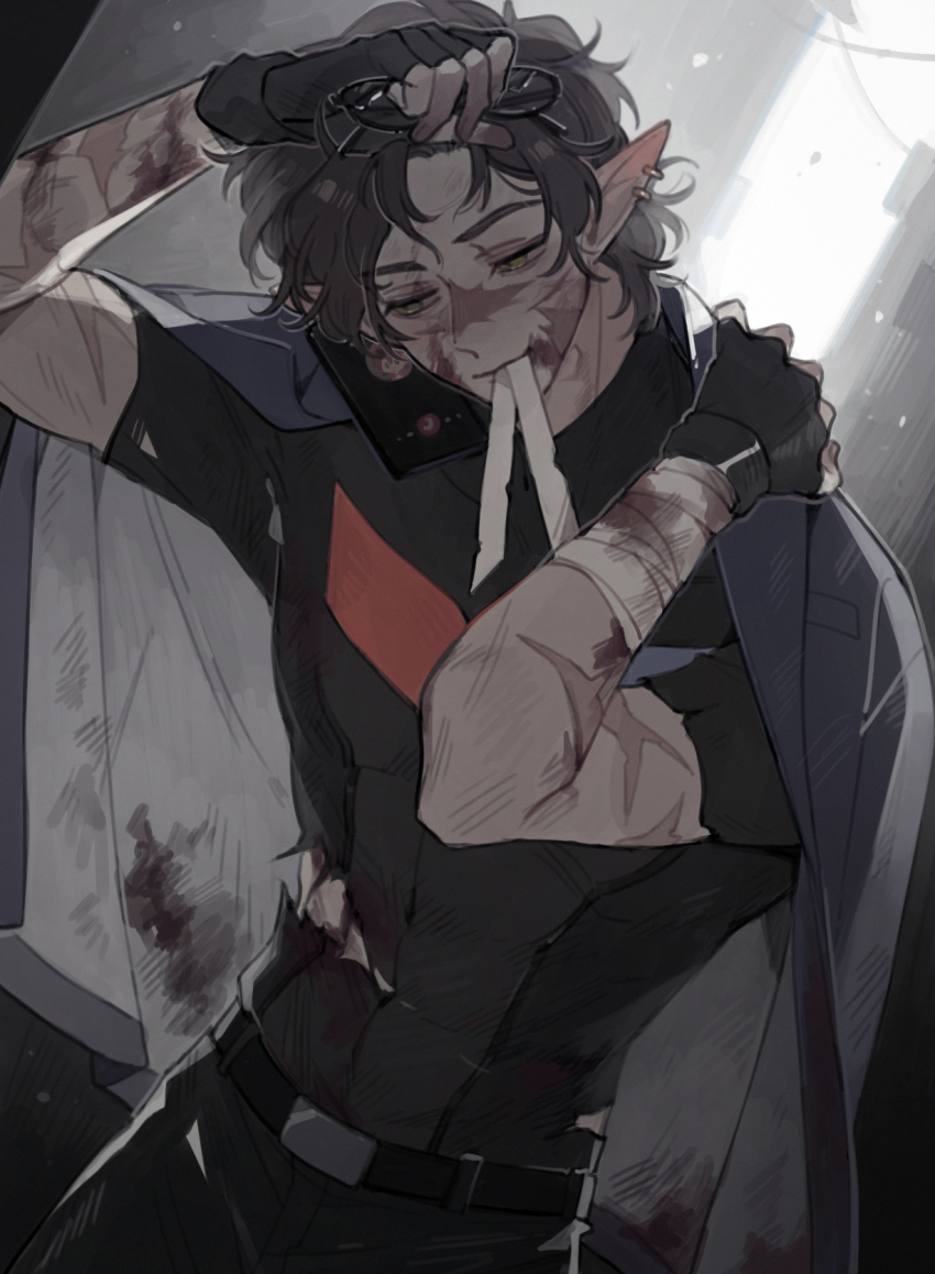 1boy, animification, bandaged_arm, bandages, belt, black_belt, black_gloves, black_pants