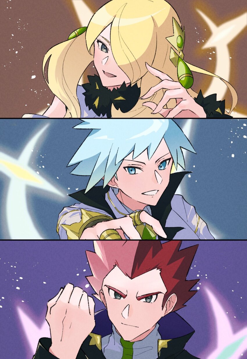 1girl, 2boys, anidf, bare_shoulders, black_cape, blonde_hair, blue_eyes, cape